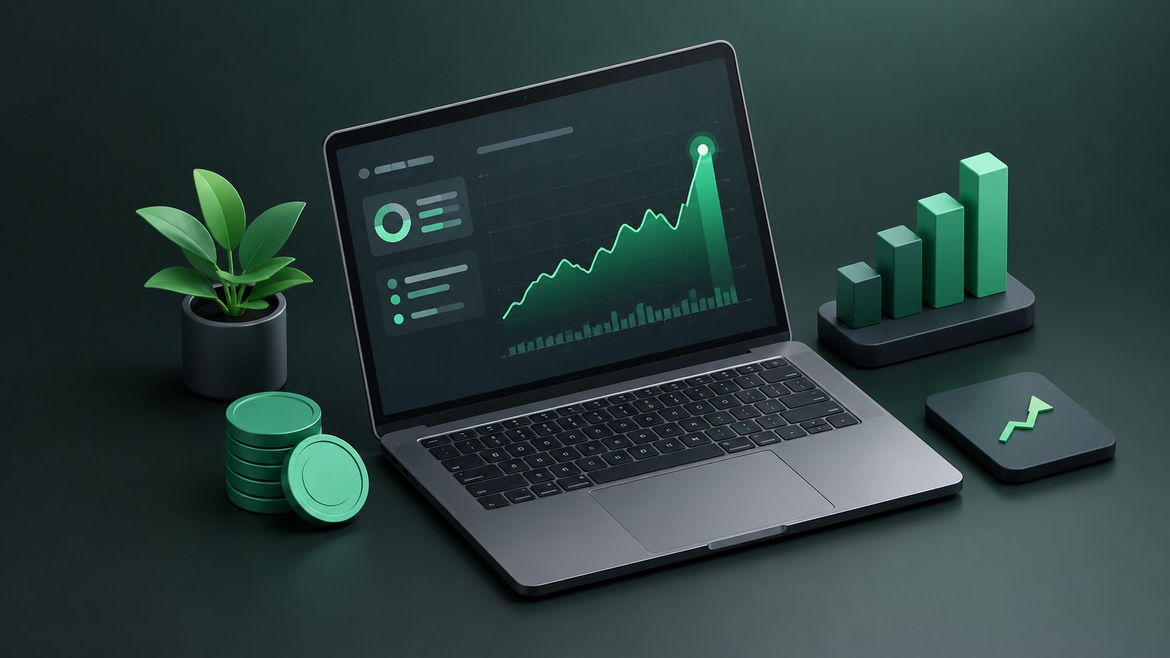 Laptop displaying an earnings report chart with a highlighted spike