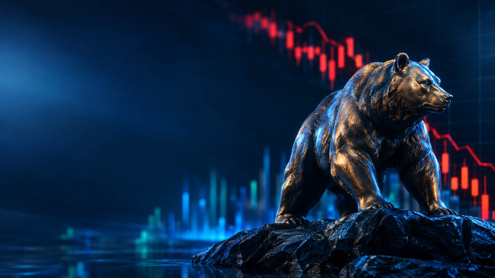 Bronze bear statue with a descending red chart behind it