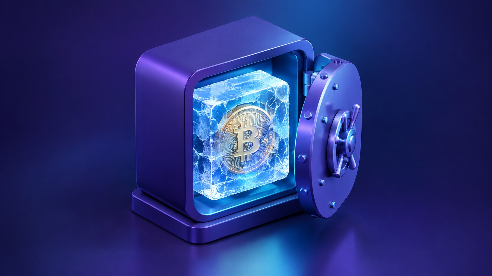 Frozen ice block encasing a crypto coin in a secure vault