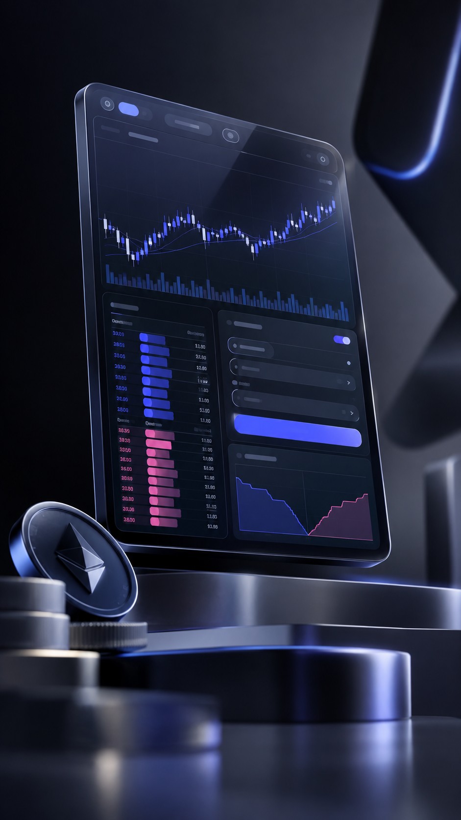 Futuristic trading interface with an order book and crypto charts