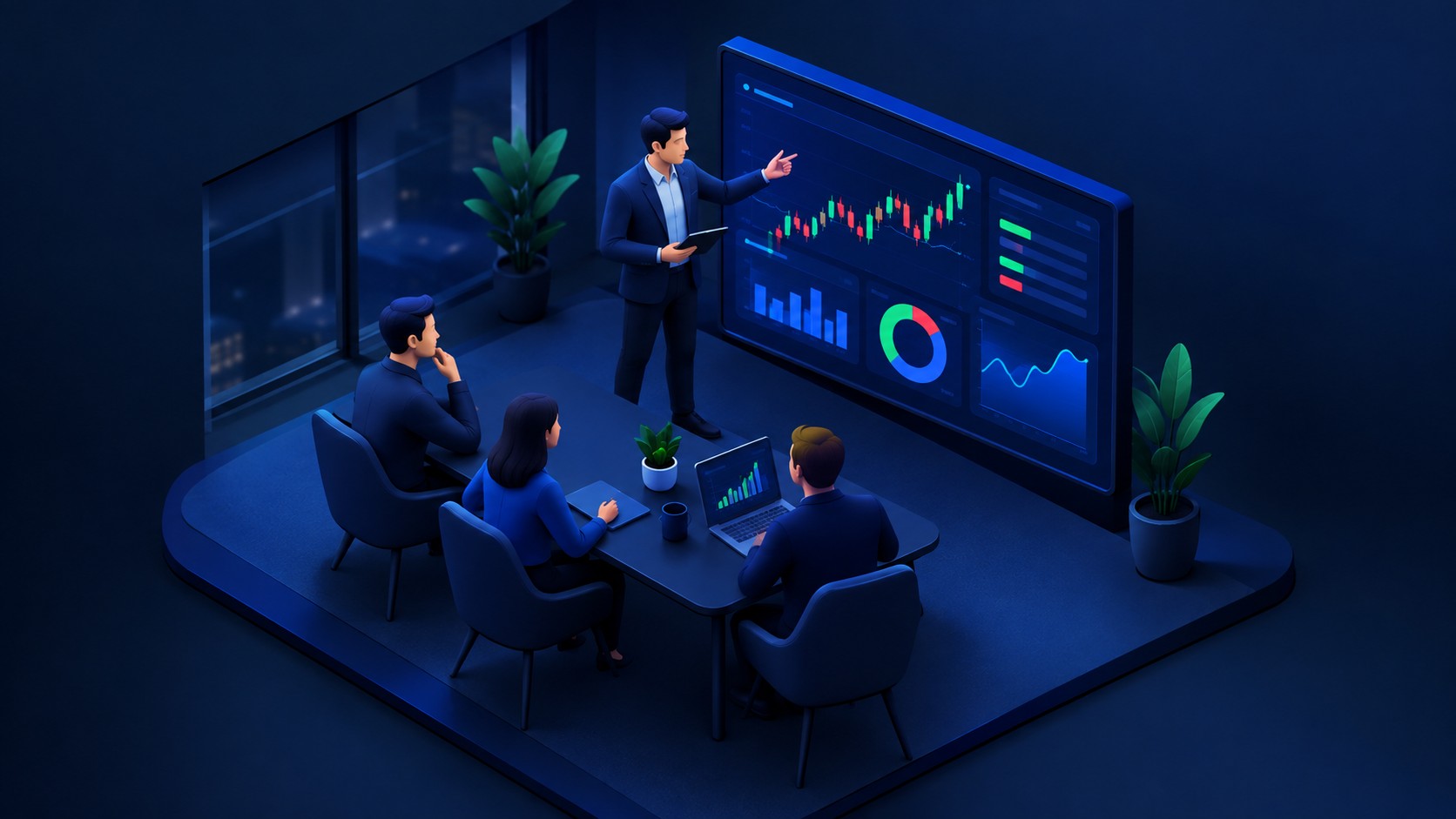 Analyst presenting charts on a large screen to a small team