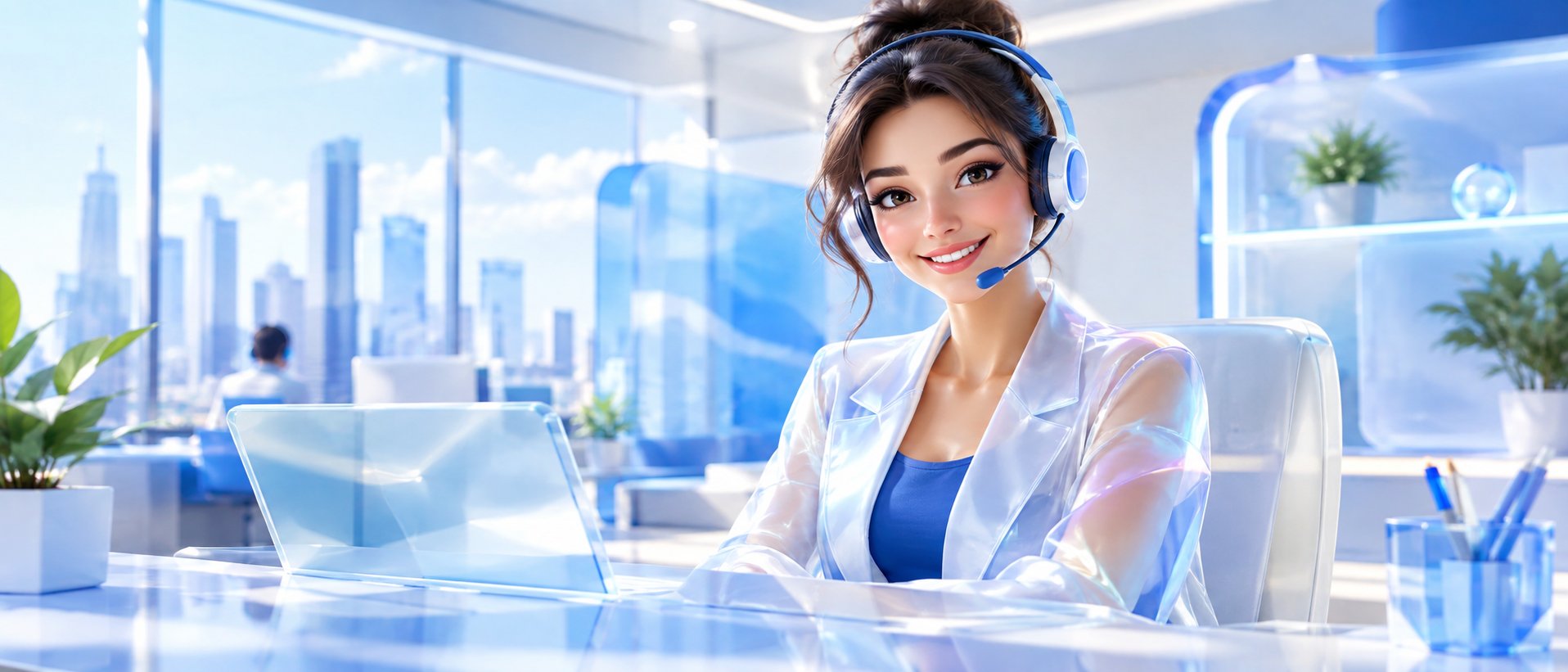 Friendly support agent with a headset in a bright modern office